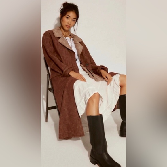 Free People Micah Wash Duster Maxi Flap Pockets Button Lapels Brown Combo - Picture 3 of 6